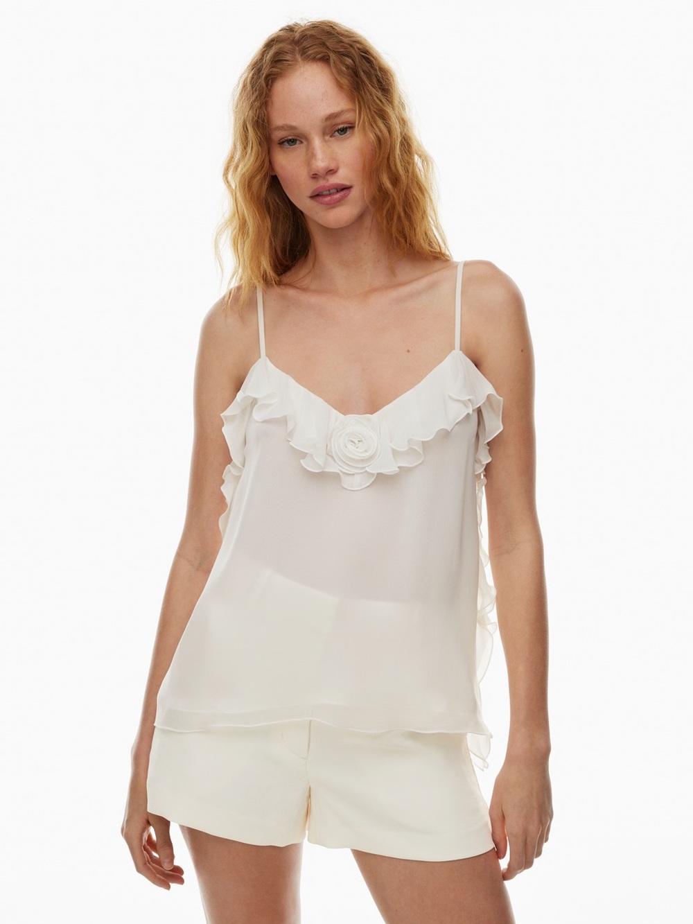 Aritzia Wilfred Curtsy Ruffle-Trim Camisole with Floral Appliqué in Light Birch